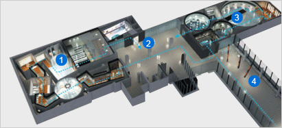 Line of flow through exhibition halls-1.NationalRecords Exhibition Hall,2.Planned Exhibition Hall,3.World Heritage Exhibition Hall,4.Main Lobby(the venue of the event)