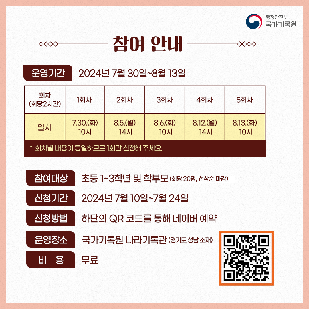 참여 안내 운영기간: 2024년 7월 30일~8월 13일 (회당 2시간) 일시: 1회차 7.30.(화) 10시, 2회차 8.5.(월) 14시, 3회차 8.6.(화) 10시, 4회차 8.12.(월) 14시, 5회차 8.13.(화) 10시회차  * 회차별 내용이 동일하므로 1회만 신청해주세요. 참여대상: 초등 1~3학년 및 학부모(회당 20명, 선착순 마감) 신청기간: 2024년 7월 10일~ 7월 24일 신청방법: 하단의 QR 코드를 통해 네이버 예약 운영장소: 국가기록원 나라기록관 (경기도 성남소재) 비    용: 무료