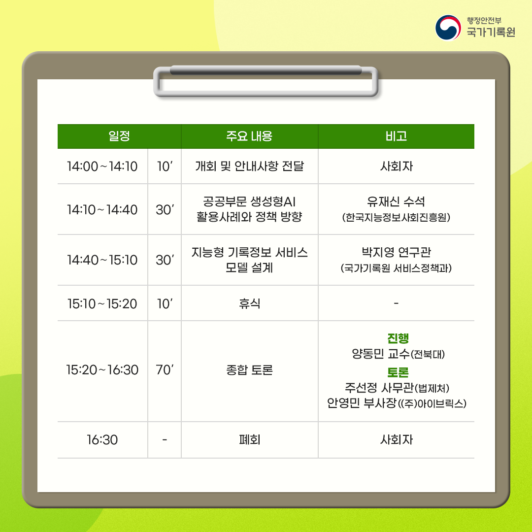 일  정 / 주  요    내  용 / 비  고 14:00～14:10 (10’) / 개회 및 안내사항 전달 / 사  회  자 14:10～14:40 (30’)/ 공공부문 생성형AI 활용사례와 정책 방향/ 유재신 수석(한국지능정보사회진흥원) 14:40～15:10(30’)/ 지능형 기록정보 서비스 모델 설계/ 박지영 연구관(국가기록원 서비스정책과) 15:10～15:20(10’) 휴  식 15:20～16:30(70’)/ 종합 토론/ 진행 : 양동민 교수(전북대), 토론 : 주선정 사무관(법제처) , 안영민 부사장((주)아이브릭스)  16:30/ 폐  회/ 사  회  자