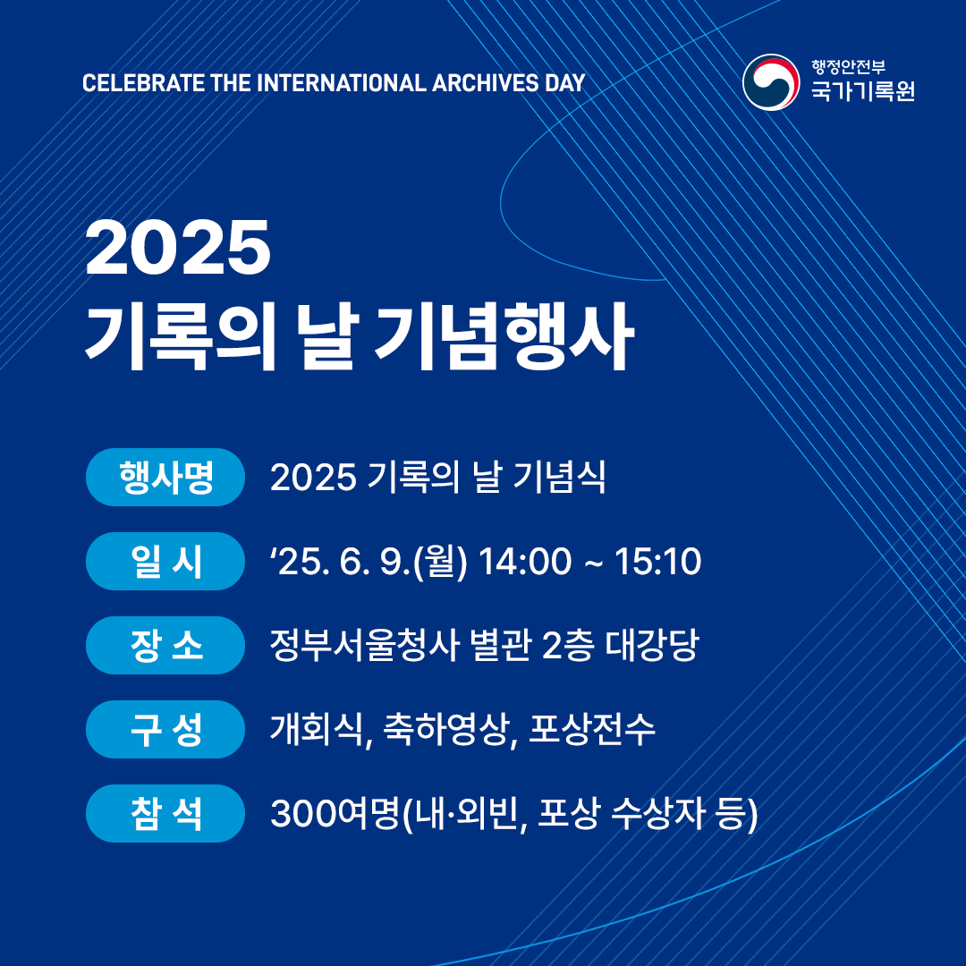 ·행사명 : 2025 기록의 날 기념식  ·일시 : ‘25. 6. 9.(월) 14:00 ~ 15:10  ·장소 : 정부서울청사 별관 2층 대강당  ·구성 : 개회식, 축하영상, 포상전수  ·참석: 300여명(내·외빈, 포상 수상자 등)