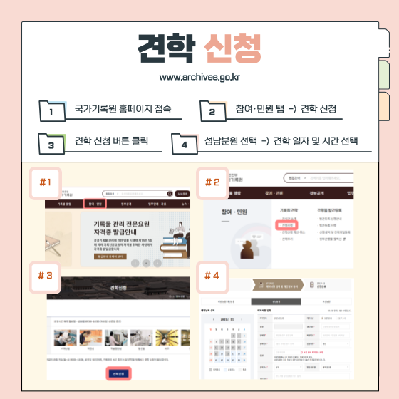 견학 신청 www.archives.go.kr  1. 국가기록원 홈페이지 접속 2. 참여·민원 탭  ->  견학 신청 3. 견학 신청 버튼 클릭 4. 성남분원 선택 -> 견학 일자 및 시간 선택