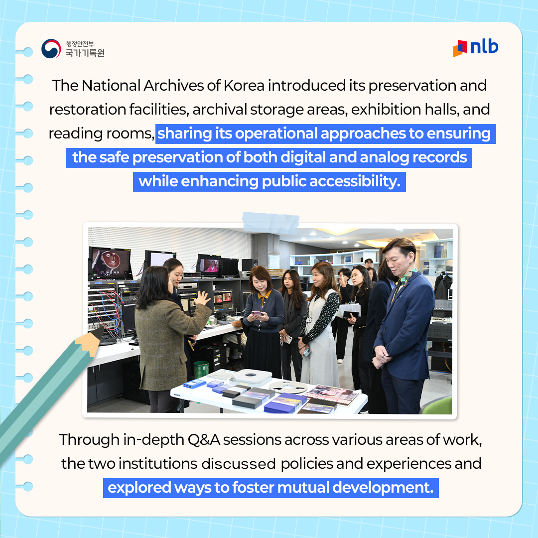 The National Archives of Korea introduced its preservation and restoration facilities, archival storage areas, exhibition halls, and reading rooms, sharing its operational approaches to ensuring the safe preservation of both digital and analog records while enhancing public accessibility. Through in-depth Q