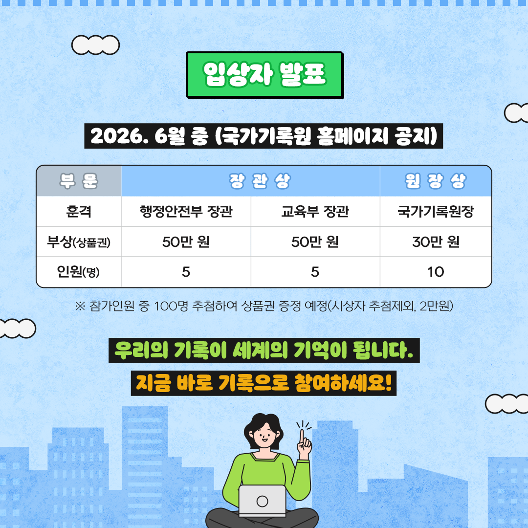 입상자 발표) 2026. 6월 중 (국가기록원 홈페이지 공지)  부문:장관상 / 원장상 훈격: 행정안전부 장관 /교육부 장관 / 국가기록원장 부상(상품권): 50만원/ 50만원/ 30만원 인원(명): 5/ 5/ 10 ※ 참가인원 중 100명 추첨하여 상품권 증정 예정(시상자 추첨제외, 2만원) 우리의 기록이 세계의 기억이 됩니다.  지금 바로 기록으로 참여하세요!