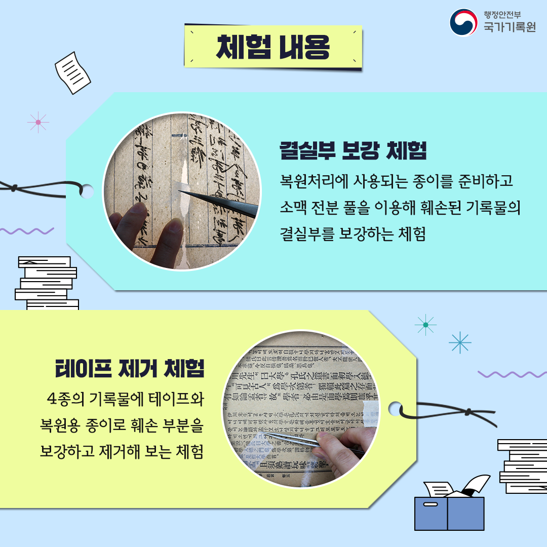 체험내용 결실부 보강 체험: 복원처리에 사용되는 종이를 준비하고  소맥 전분 풀을 이용해 훼손된 기록물의 결실부를 보강하는 체험  테이프 제거 체험: 4종의 기록물에 테이프와 복원용 종이로  훼손 부분을 보강하고 제거해 보는 체험