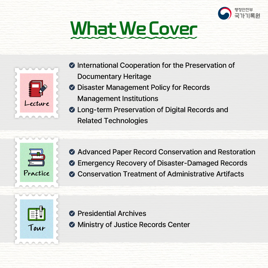 What We Cover Lecture International Cooperation for the Preservation of Documentary Heritage Disaster Management Policy for Records Management Institutions Long-term Preservation of Digital Records and Related Technologies  Practice Advanced Paper Record Conservation and Restoration Emergency Recovery of Disaster-Damaged Records Conservation Treatment of Administrative Artifacts  Tour Presidential Archives Ministry of Justice Records Center