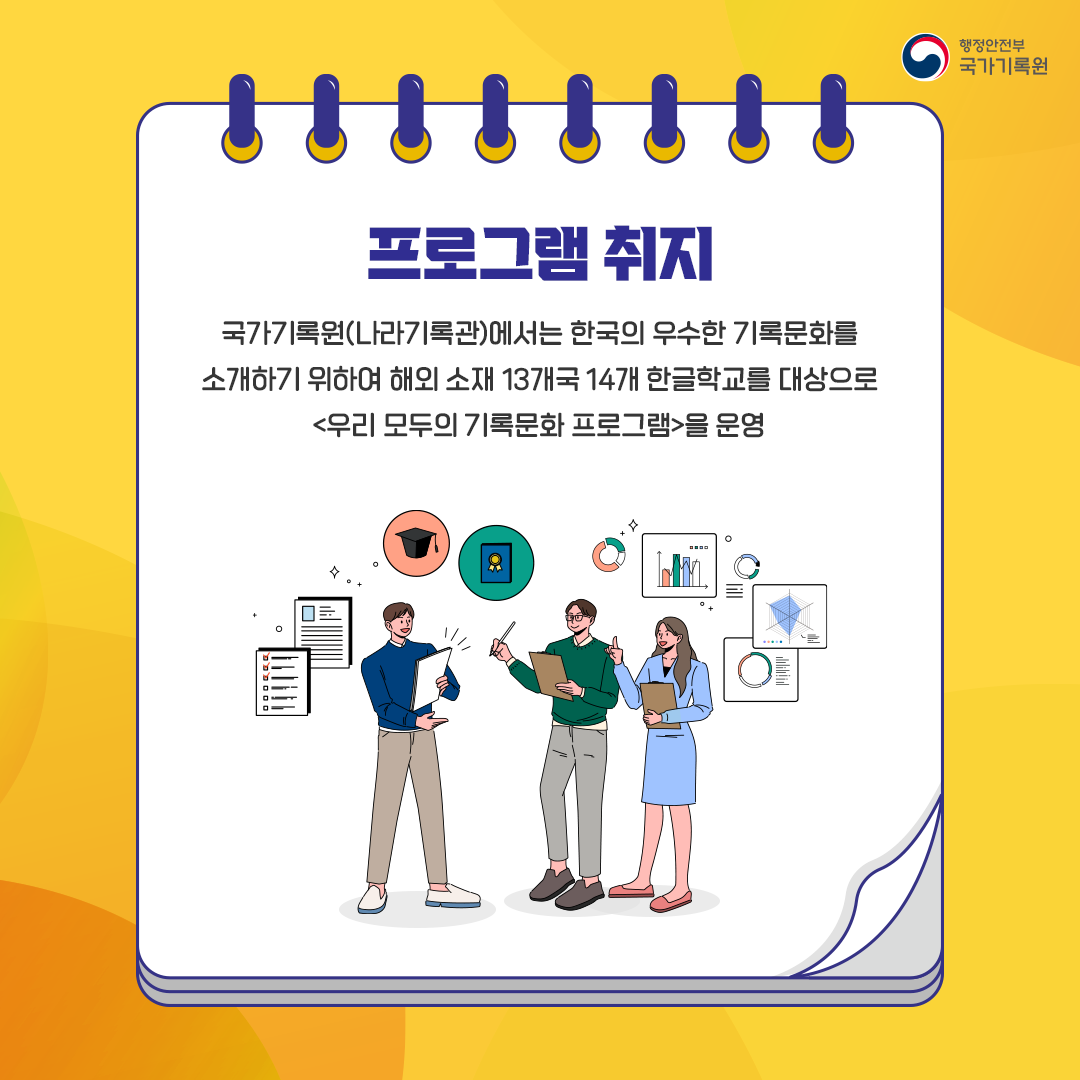 프로그램 취지 국가기록원(나라기록관)에서는 한국의 우수한 기록문화를 소개하기 위해 해외 소재 13개국 14개 한글학교를 대상으로 <우리 모두의 기록문화 프로그램>을 운영