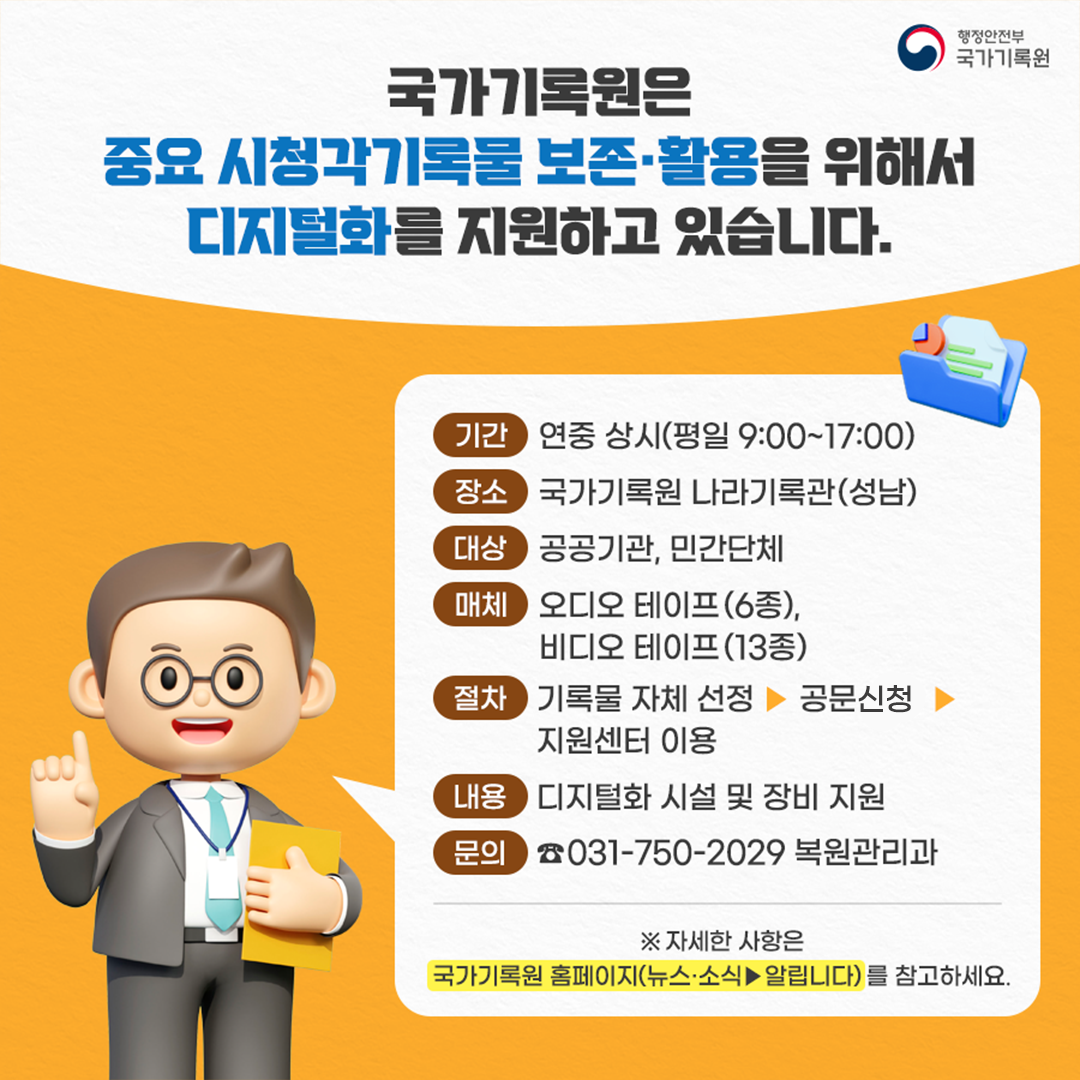 국가기록원은 중요 시청각기록물 보존·활용을 위해서 디지털화를 지원하고 있습니다.  기간: 연중 상시(평일9:00~17:00) 장소: 국가기록원 나라기록관(성남) 대상: 공공기관, 민간단체 매체: 오디오 테이프(6종), 비디오테이프(13종) 절차: 기록물 자체 점검-> 공문 신청-> 지원센터 이용 내용: 디지털화 시설 및 장비 지원 문의: 031-750-2029(복원관리과) ※ 자세한 사항은 국가기록원 홈페이지(뉴스·소식->알립니다)를 참고하세요