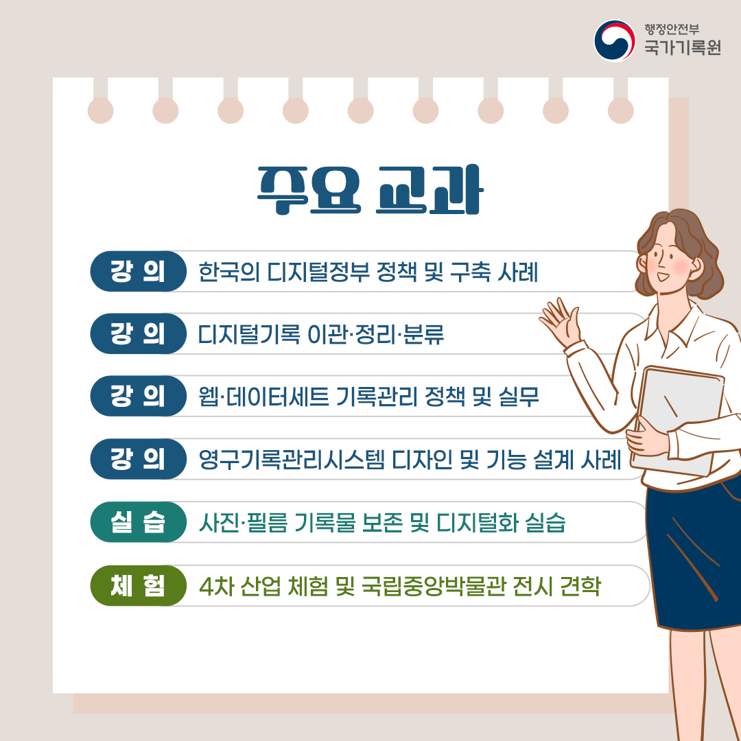 ▸주요 교과   [강의] 한국의 디지털정부 정책 및 구축 사례    [강의] 디지털기록 이관·정리·분류   [강의] 웹·데이터세트 기록관리 정책 및 실무    [강의] 영구기록관리시스템 디자인 및 기능 설계 사례   [실습] 사진·필름 기록물 보존 및 디지털화 실습   [체험] 4차 산업 체험 및 국립중앙박물관 전시 견학