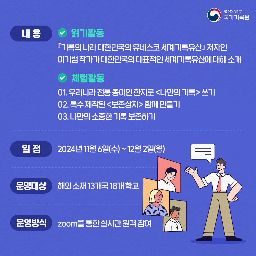 1. 내용  (읽기활동)  ｢기록의 나라 대한민국의 유네스코 세계기록유산｣ 저자인 이기범 작가가 대한민국의 대표적인 세계기록유산에 대해 소개  (체험활동)  01. 우리나라 전통 종이인 한지로 <나만의 기록>을 쓰기 02. 특수 제작된 <보존상자>를 함께 만들기 03. 나만의 소중한 기록 보존하기 일정 : 2024년 11월 6일(수) ~ 12월 2일(월) 운영대상 : 해외 소재 13개국 18개 학교  운영방식 : zoom을 통한 실시간 원격 참여