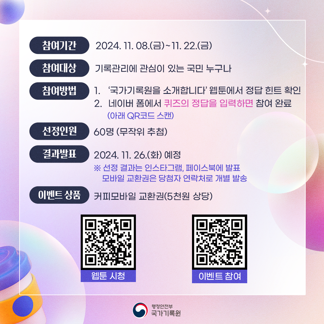 참여기간: 024.11.08.(금)~11.22.(금) 참여대상: 기록관리에 관심이 있는 국민 누구나 참여방법: 1. '국가기록원을 소개합니다' 웹툰에서 정답 힌트 확인 2. 네이버 폼에서 퀴즈의 정답을 입력하면 참여 완료 (아래 QR코드 스캔) 선정인원: 60명(무작위 추첨) 결과발표: 2024. 11. 26.(화) 예정 ※ 선정 결과는 인스타그램, 페이스북에 발표 모바일 교환권은 당첨자 연락처로 개별 발송  이벤트 상품 커피모바일 교환권(5천원 상당) QR코드(웹툰 시청), QR코드(이벤트 참여)