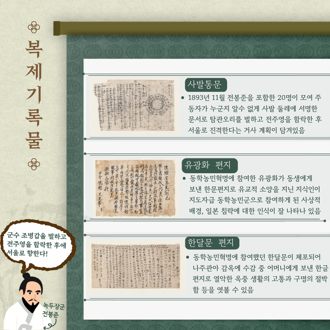 [복제기록물 사진들과 설명]  사발통문 : 1893년 11월 전봉준을 포함한 20명이 모여 주동자가 누군지 알 수 없게 사발 둘레에 서명한 문서로 탐관오리를 벌하고 전주영을 함락한 후 서울로 진격한다는 거사 계획이 담겨있음  유광화 편지 : 동학농민혁명에 참여한 유광화가 동생에게 보낸 한문편지로 유교적 소양을 지닌 지식인이 지도자급 동학농민군으로 참여하게 된 사상적 배경,  일본 침략에 대한 인식이 잘 나타나 있음  한달문 편지 동학농민혁명에 참여했던 한달문이 체포되어 나주관아 감옥에 수감 중  어머니에게 보낸 한글 편지로 열악한 옥중 생활의 고통과 구명의 절박함 등을 엿볼 수 있음