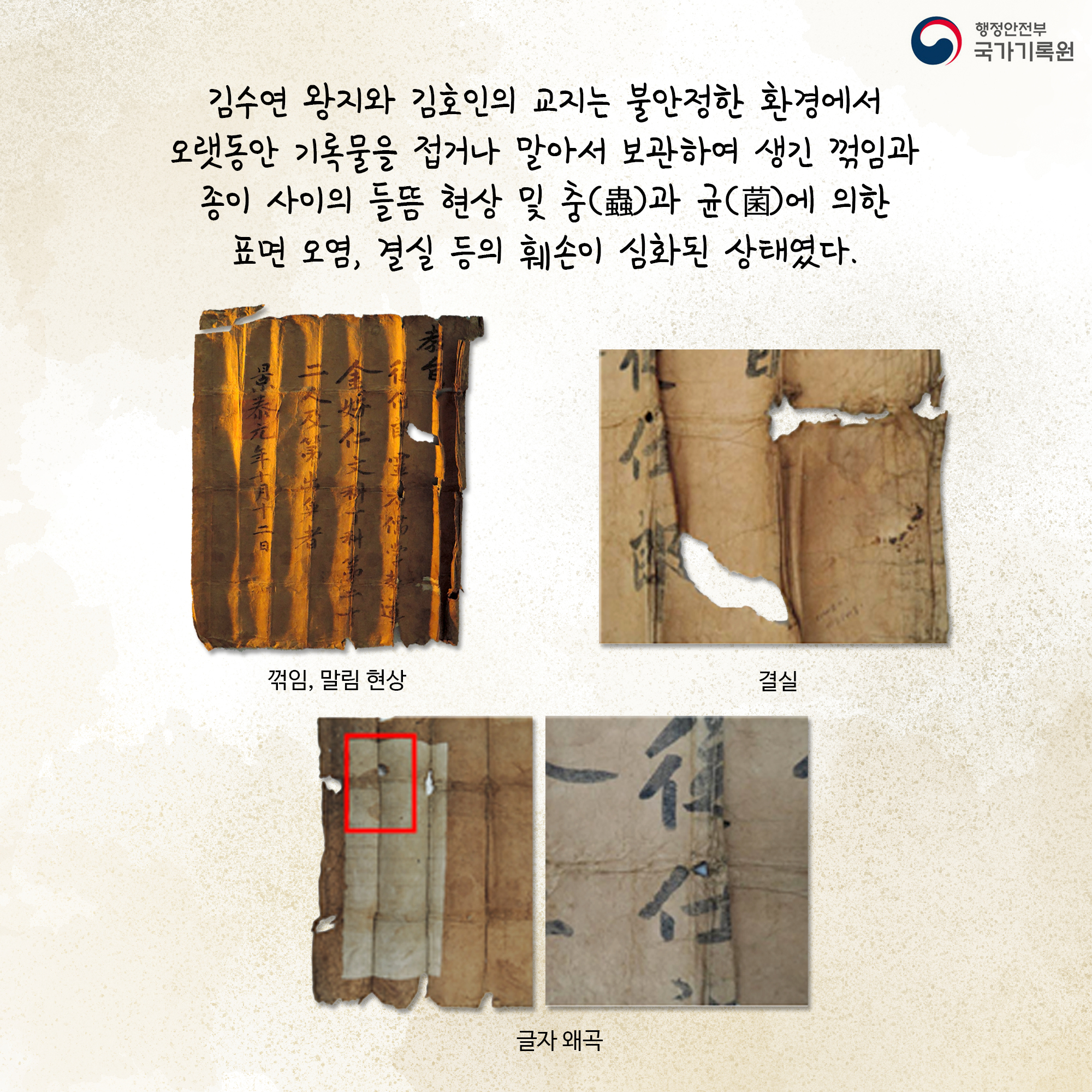 김수연 왕지와 김호인의 교지는 불안정한 환경에서 오랫동안 기록물을 접거나 말아서 보관하여 생긴 꺾임과 종이 사이의 들뜸 현상 및 충과 균에 의한 표면 오염, 결실 등의 훼손이 심화된 상태였다 꺾임, 말림현상 결실 글자 왜곡