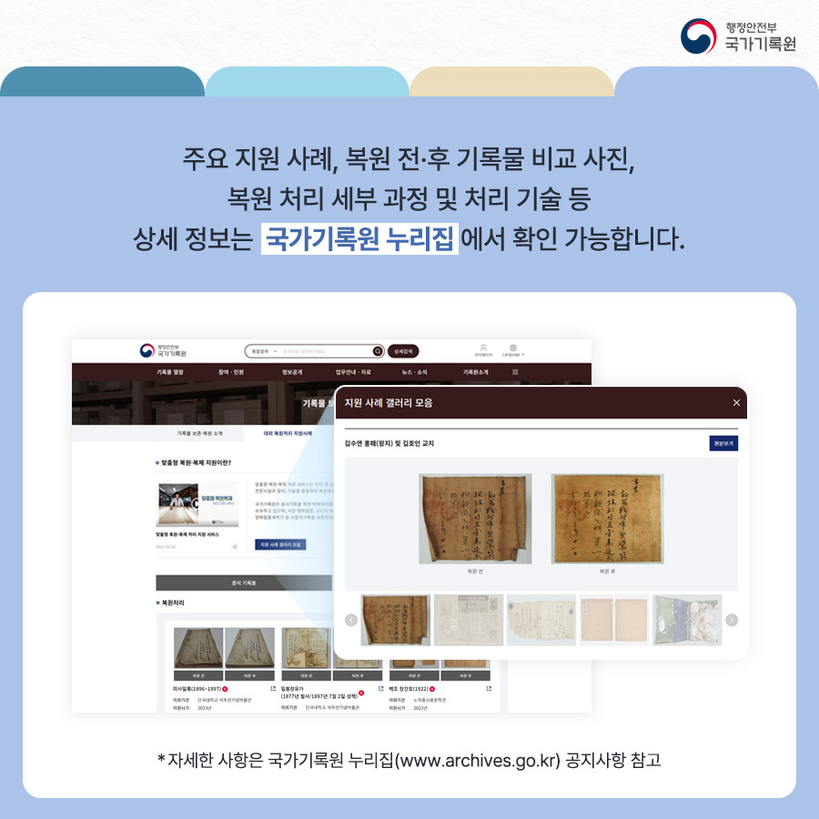 주요 지원사례, 복원 전후 기록물 비교사진, 복원처리  세부 과정 및 처리 기술 등 상세정보는 국가기록원 누리집에서 확인 가능합니다