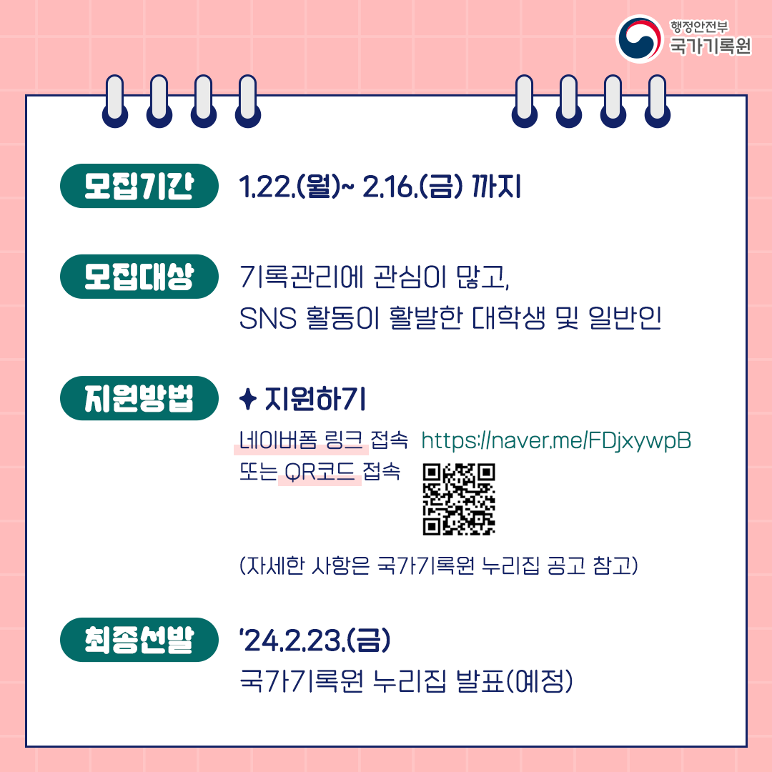 모집기간 1.22.월~2.16.금 까지 모집대상 기록관리에 관심이 많고 SNS활동이 활발한 대학생 및 일반인 지원방법 지원하기 네이버 폼 링크 접속 https://naver.com/FDjxywpB 또는 QR 코드 자세한 사항은 국가기록원 누리집 공고 참고 최종선발 24. 2. 23.금 국가기록원 누리집 발표 예정