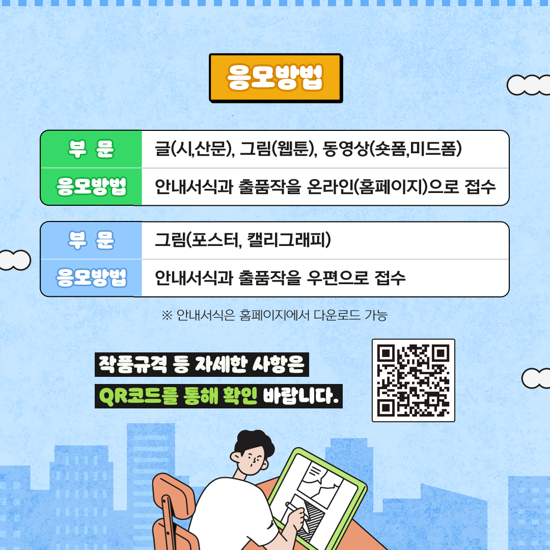 (응모방법)   부문) 글짓기(시·산문), 그림그리기(웹툰), 동영상 제작(숏폼, 미드폼)   응모방법) 안내서식과 출품작을 온라인(홈페이지)으로 접수     부문)그림그리기(포스터·캘리그래피)  응모방법) 안내서식과 출품작을 우편으로 접수  ※ 안내서식은 홈페이지에서 다운로드 가능 작품 규격 등 자세한 사항은 QR코드를 통해 확인 바랍니다. [QR코드]
