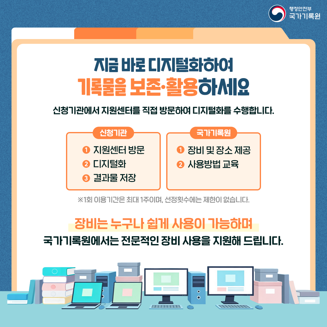 [4컷 – 지금 바로 디지털화하여 기록물을 보존‧활용하세요] 신청기관에서 지원센터를 직접 방문하여 디지털화를 수행합니다.