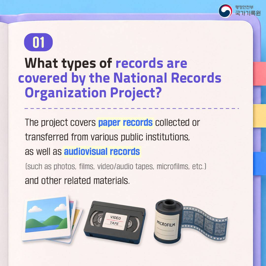 01 What types of records are covered by the National Records Organization Project?  The project covers paper records collected or transferred from various public institutions, as well as audiovisual records (such as photos, films, video/audio tapes, microfilms, etc.) and other related materials.