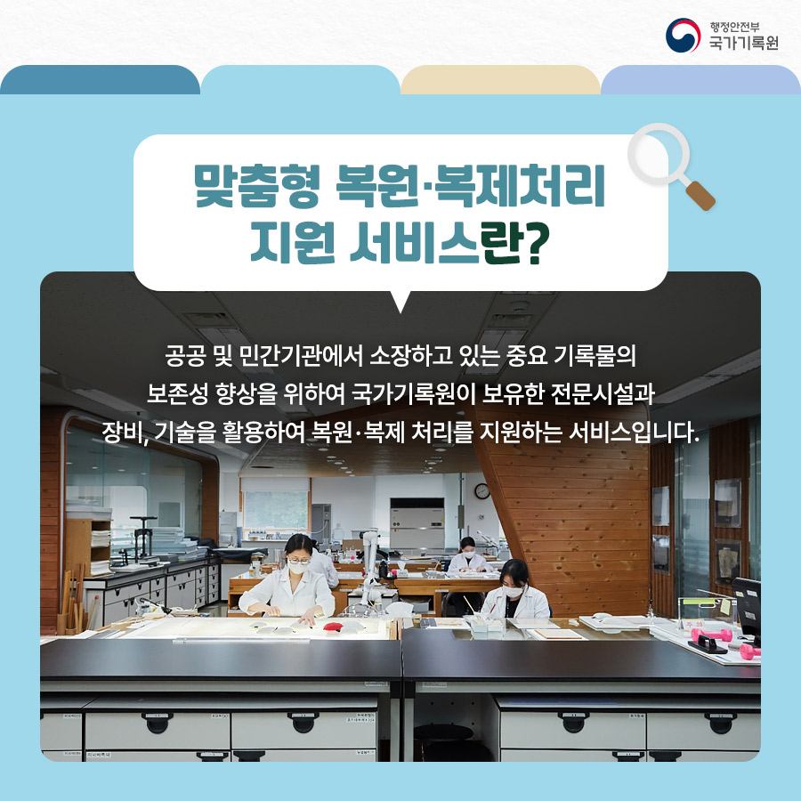 맞춤형 복원복제 처리 지원서비스란? 공공 및 민간기관에서 소장하고 있는 중요기록물의 보존성 향상을 위하여 국가기록원이 보유한 전문시설과 장비 기술을 활용하여 복원 복제 처리를 지원하는 서비스입니다