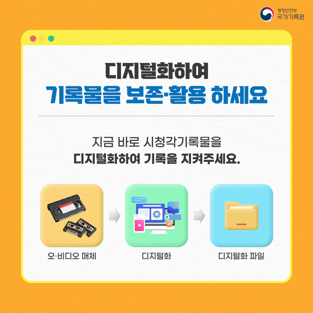 디지털화하여 기록물을 보존·활용 하세요 지금 바로 시청각기록물을 디지털화하여 기록을 지켜주세요. 오·비디오 매체 -> 디지털화 -> 디지털화 파일