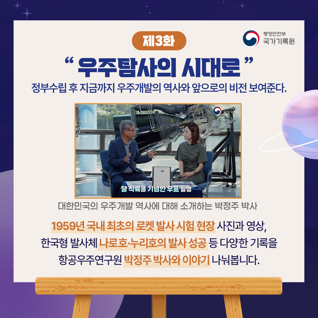 「제3화, 우주탐사의 시대로」 정부수립 후 지금까지 우주개발의 역사와 앞으로의 비전 보여준다. 대한민국의 우주 개발 역사에 대해 소개하는 박정주 박사 1959년 국내 최초의 로켓 발사 시험 현장을 담은 사진과 영상, 한국형 발사체 나로호·누리호의 발사 성공 등  역사적인 순간을 담은 다양한 기록과 함께 올해 설립된 우주항공청의 계획까지  항공우주연구원 박정주 박사와 이야기 나눠봅니다.