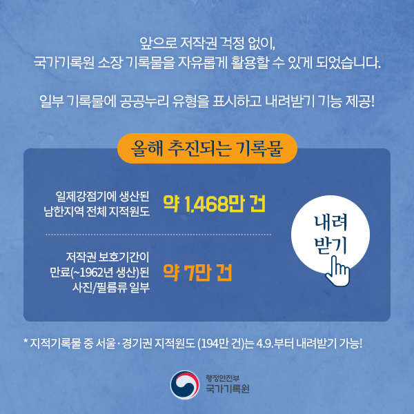 국가기록물, 이젠 저작권 걱정없이 누려요~