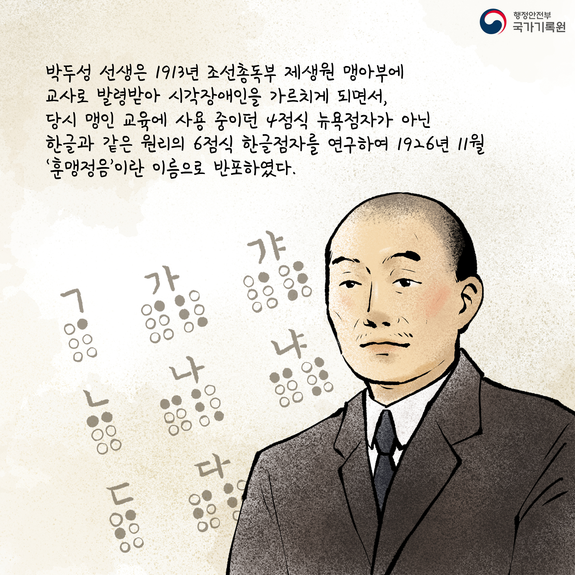 박두성 선생은 1913년 조선총독부 제생원 맹아부에 교사로 발령받아 시각장애인을 가르치게 되면서, 당시 맹인 교육에 사용중이던 4점식 뉴욕 점자가 아닌 한글과 같은 원리으 ㅣ6점식 한글점자를 연구하여 1926년 11월 '훈맹정음'이란 이름으로 반포하였다