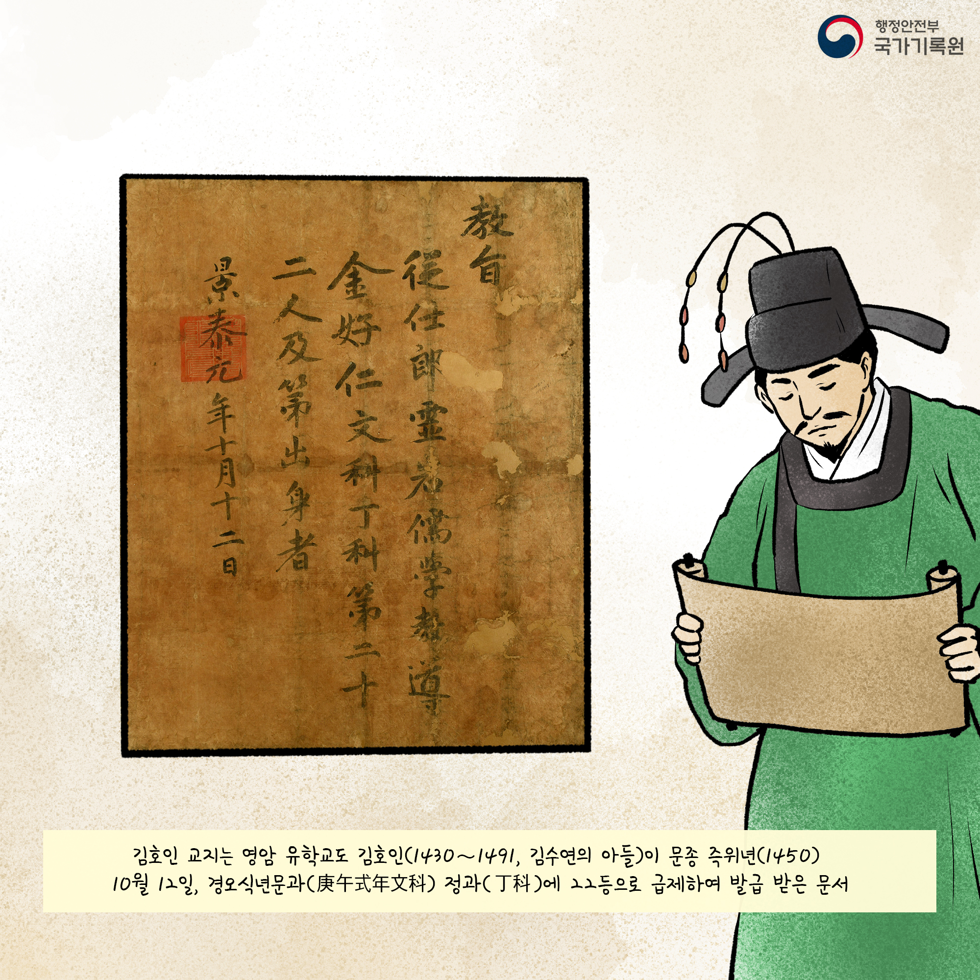 김호인 교지는 영암 유학교도 김호인(1430~1491, 김수연의 아들)이 문종 즉위년(1450) 10월 12일, 경오식년문과 정과에 22등으로 급제하여 발급받은 문서