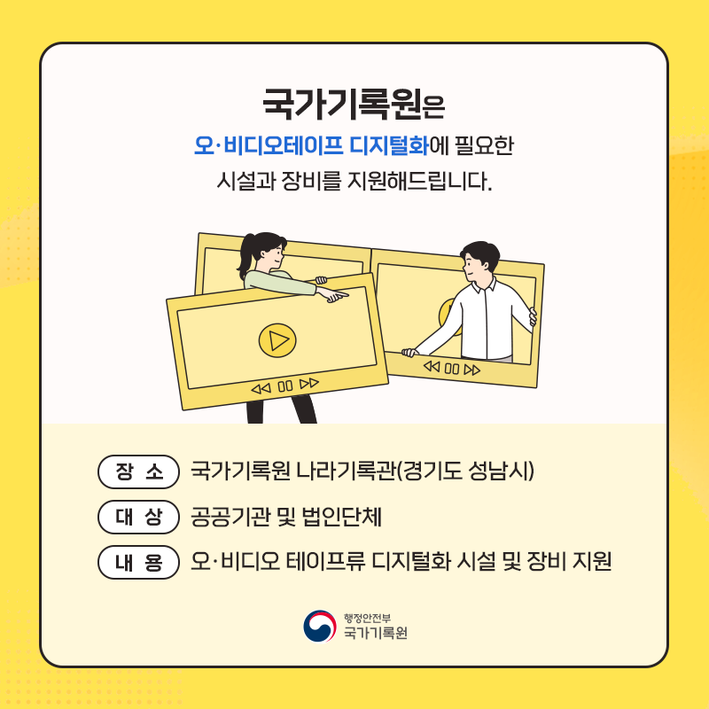 국가기록원은 오·비디오테이프 디지털화에 필요한 시설과 장비를 지원해드립니다. 장소 국가기록원 나라기록관(경기도 성남시) 대상 공공기관 및 법인단체 내용 오·비디오 테이프류 디지털화 시설 및 장비지원