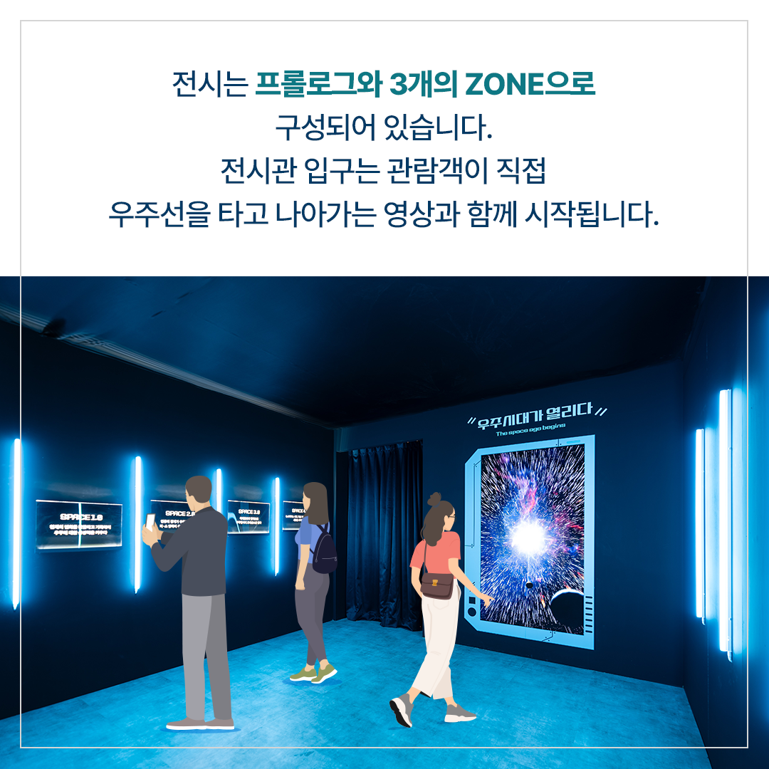 전시는 프롤로그와 3개의 Zone으로 구성되어 있습니다.  전시관 입구는 관람객이 직접 우주선을 타고 나아가는 영상과 함께 시작됩니다.