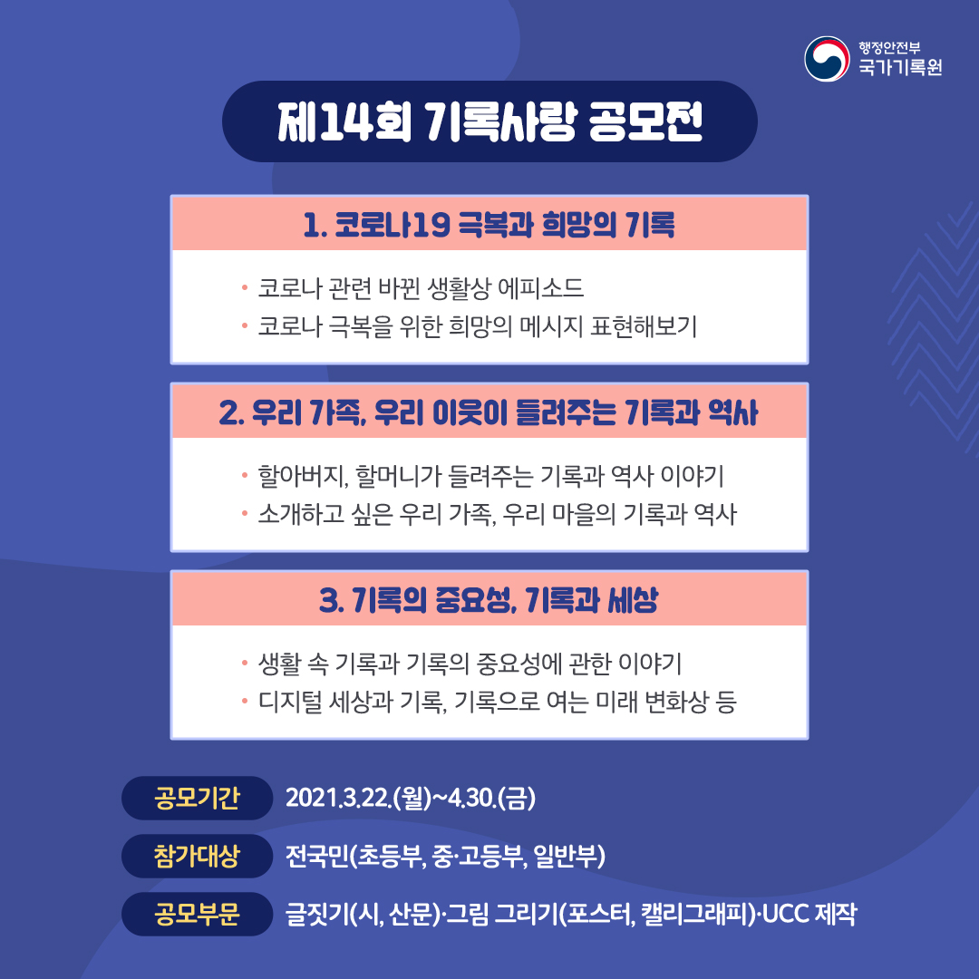 제14회 기록사랑 공모전 / 1.코로나19 극복과 희망의 기록 2.우리 가족, 우리 이웃이 들려주는 기록과 역사 3.기록의 중요성, 기록과 세상 / 공모기간 : 2021년3월22일(월)~4월30일(금) / 참가대상 : 전국민(초등부, 중ㆍ고등부, 일반부) / 공모부문 : 글짓기(시,산문), 그림그리기(포스터,캘리그라피), UCC제작